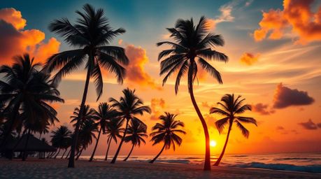 Download stunning high-resolution stock photos of a tropical beach sunset.  This image features vibrant complementary colors,