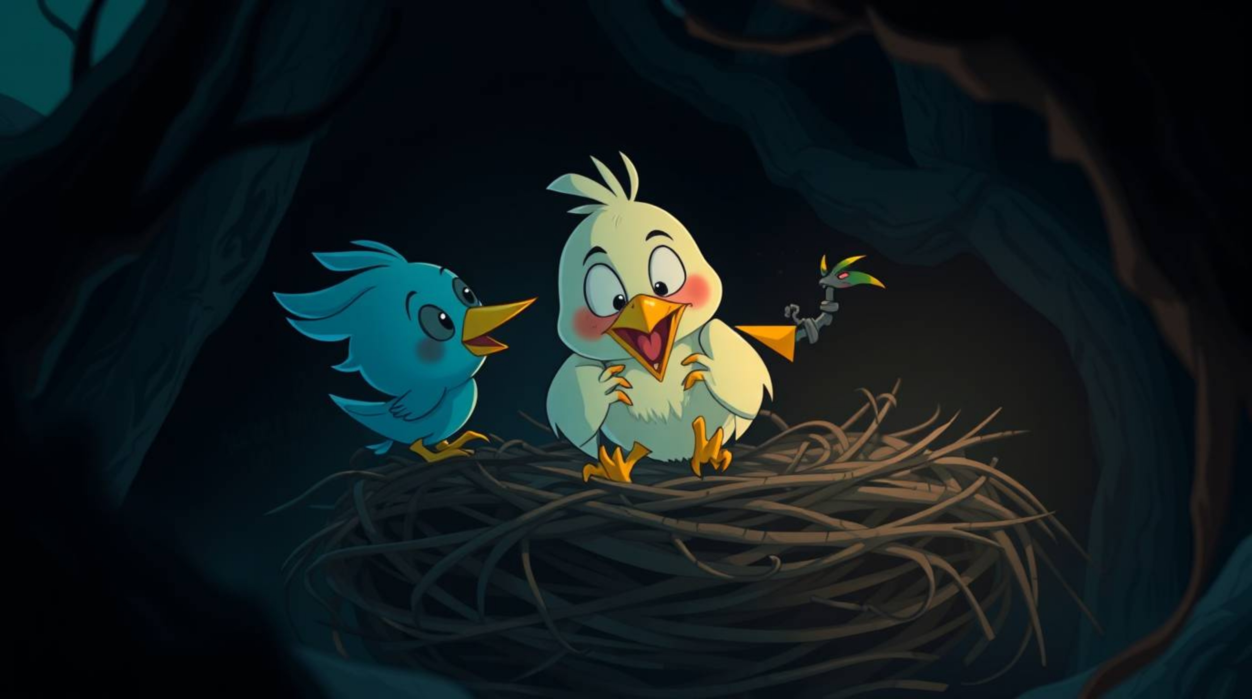 Witness two cartoon birds constructing a nest in a classic animation style.  However, this isn't your typical heartwarming sc