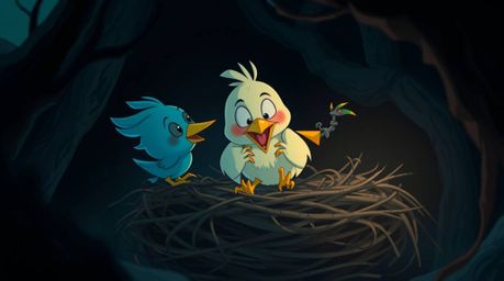 Witness two cartoon birds constructing a nest in a classic animation style.  However, this isn't your typical heartwarming sc