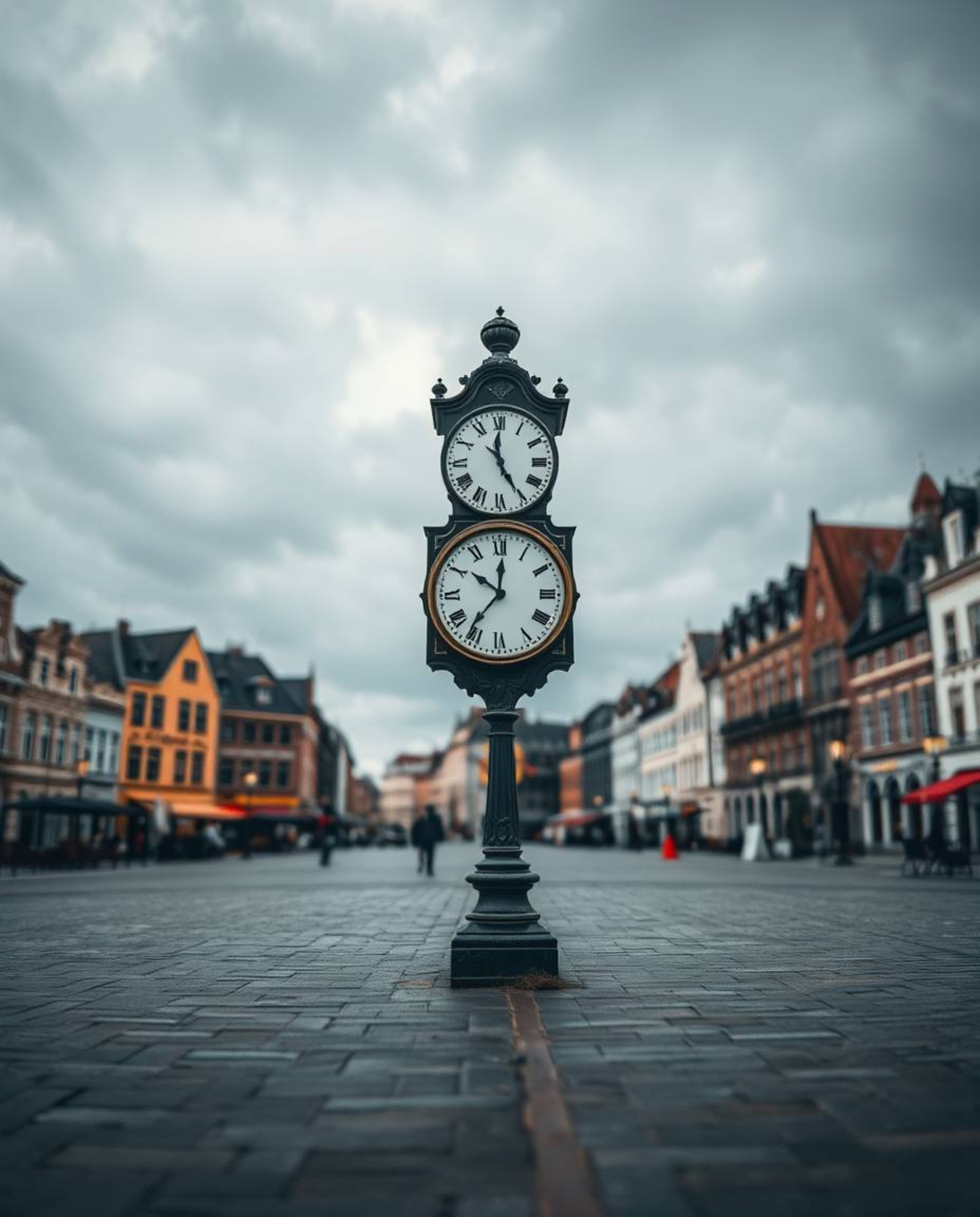A captivating photograph showcasing an empty town square dominated by the ominous presence of ticking clocks. The sharp focus