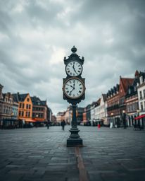 A captivating photograph showcasing an empty town square dominated by the ominous presence of ticking clocks. The sharp focus