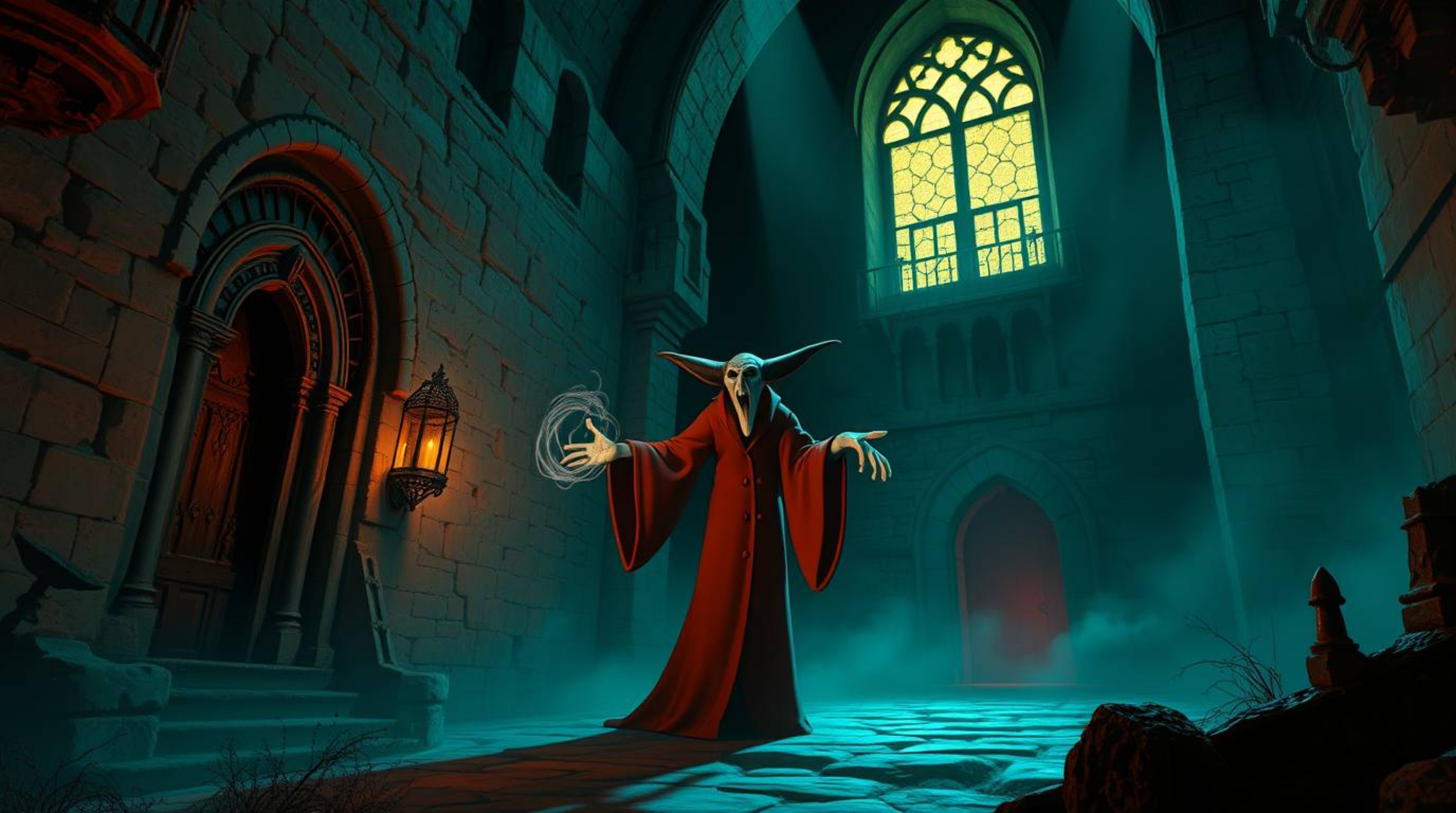 A classic Disney villain casts a spell within the aged walls of an old castle. Rendered in warm terracotta and cool teal ton