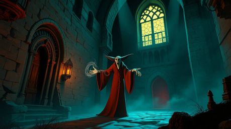 A classic Disney villain casts a spell within the aged walls of an old castle. Rendered in warm terracotta and cool teal ton