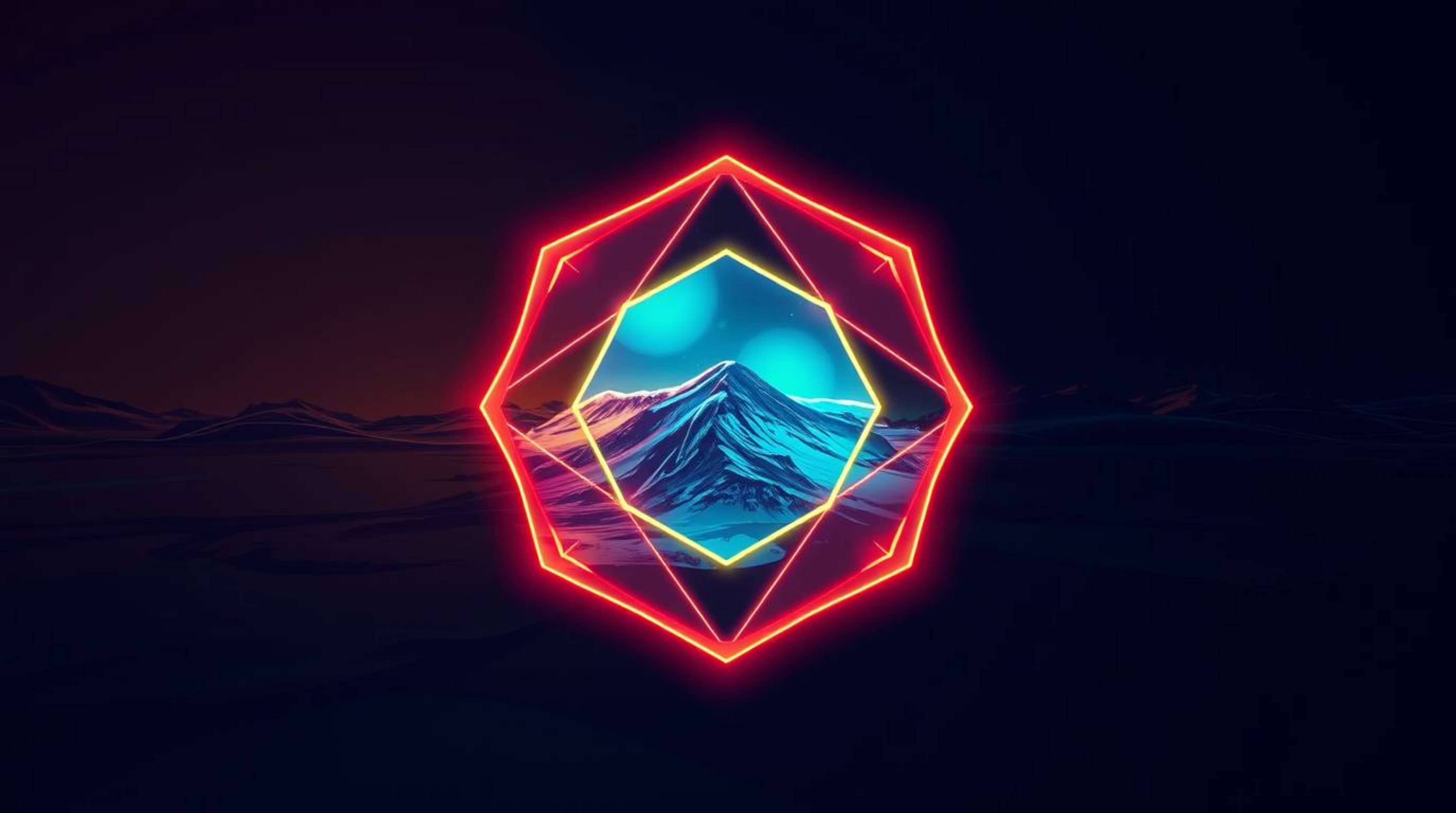 A captivating geometric logo design features a heroic, large-scale scene of a liquid surface with flowing neon gradient textu