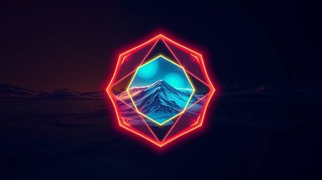 A captivating geometric logo design features a heroic, large-scale scene of a liquid surface with flowing neon gradient textu