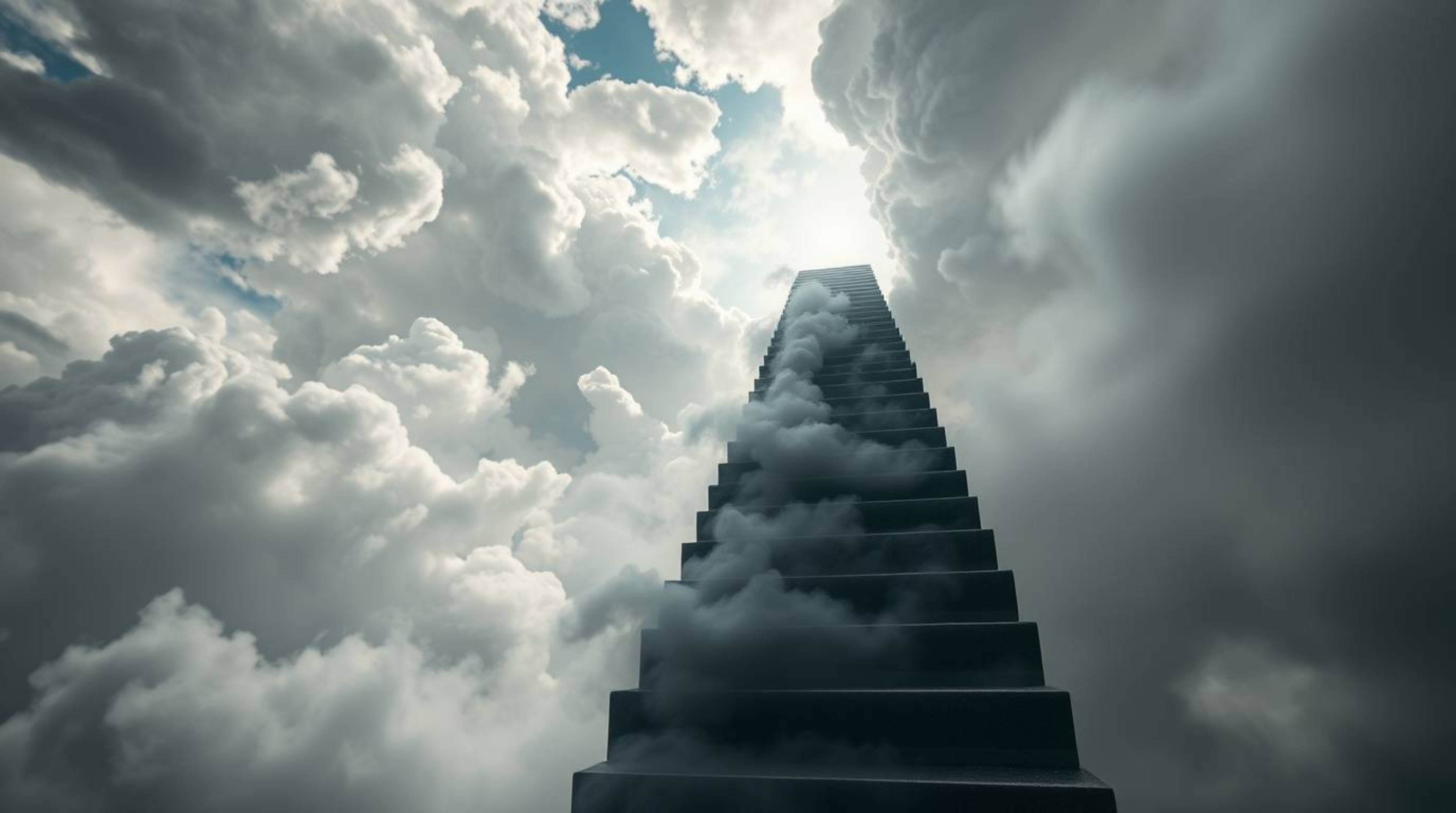 A captivating image depicts a winding stairway composed of smoke and light ascending into a vast, cloudy sky. This abstract v