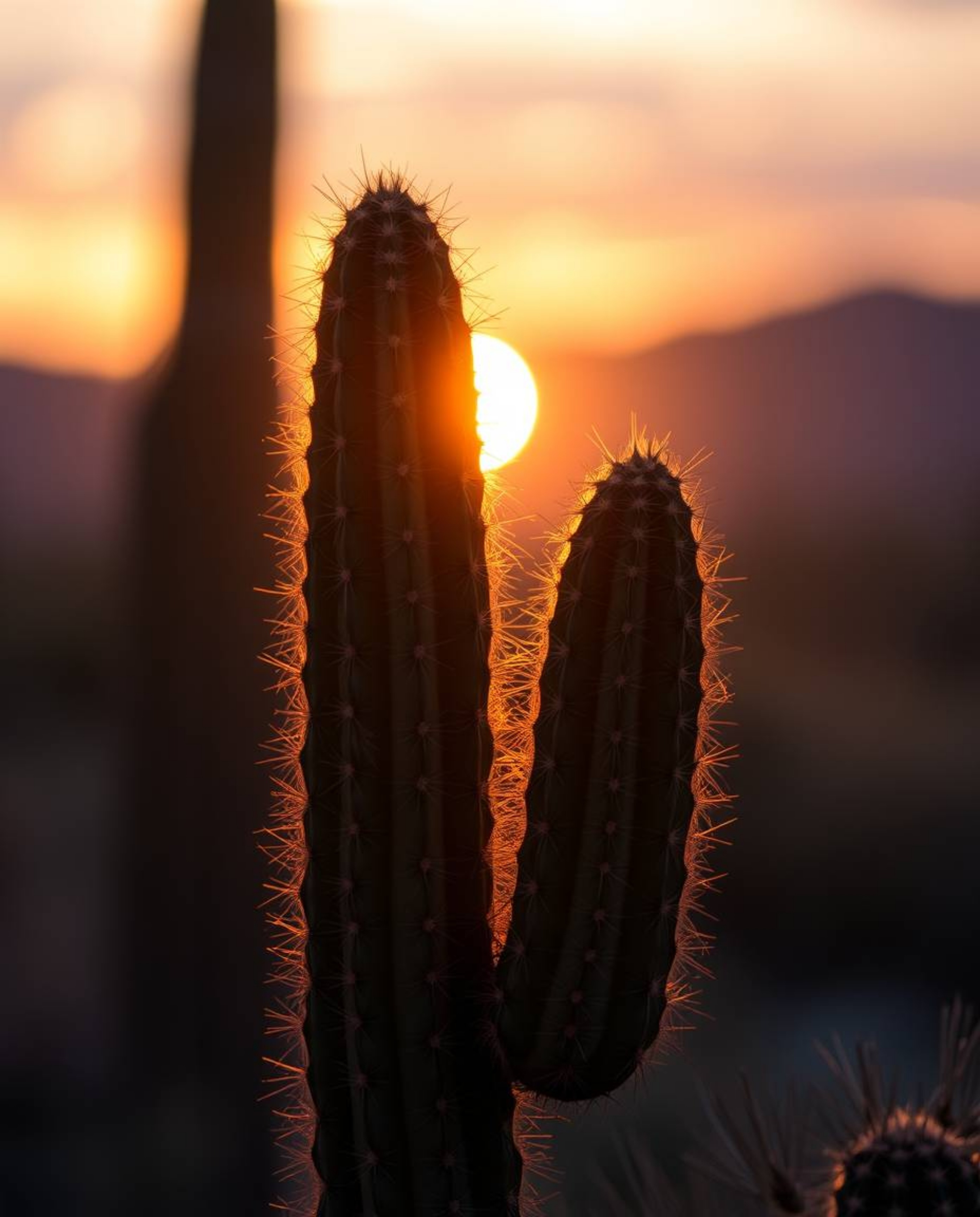 A desert cactus glows in the last rays of the sun, captured with intense, dramatic lighting and a soft pastel color palette. 