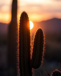 A desert cactus glows in the last rays of the sun, captured with intense, dramatic lighting and a soft pastel color palette. 