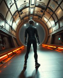 A dramatic and cinematic, futuristic sci-fi scene depicts a person clad in sleek, futuristic clothing standing at the edge of
