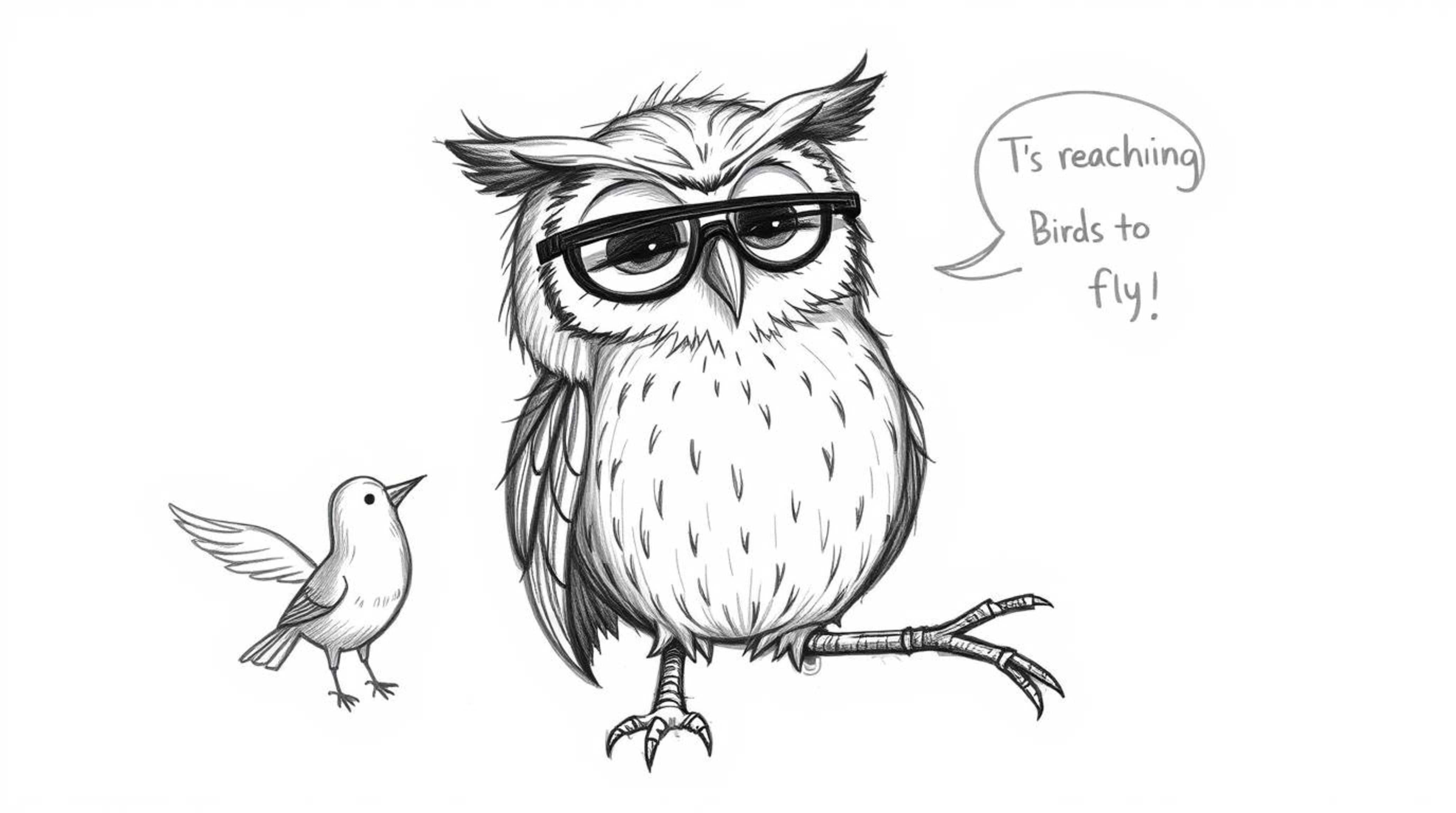 A heartwarming hand-drawn sketch in the style of Pixar showcases a blind owl, rendered with textured pencil strokes, guiding 
