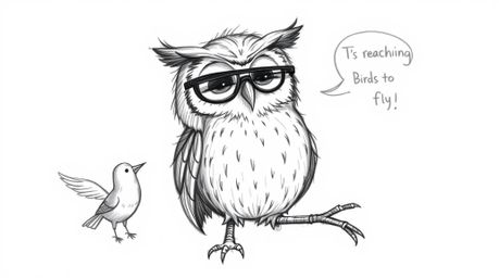 A heartwarming hand-drawn sketch in the style of Pixar showcases a blind owl, rendered with textured pencil strokes, guiding 
