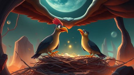 An epic scene showcasing two cartoon birds meticulously constructing a nest in a classic animation style. The artwork feature