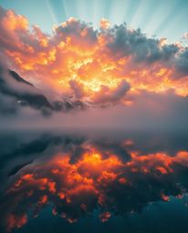 A precise architectural color photograph captures the stunning reflections of fiery clouds in a mountain lake. The scene is e