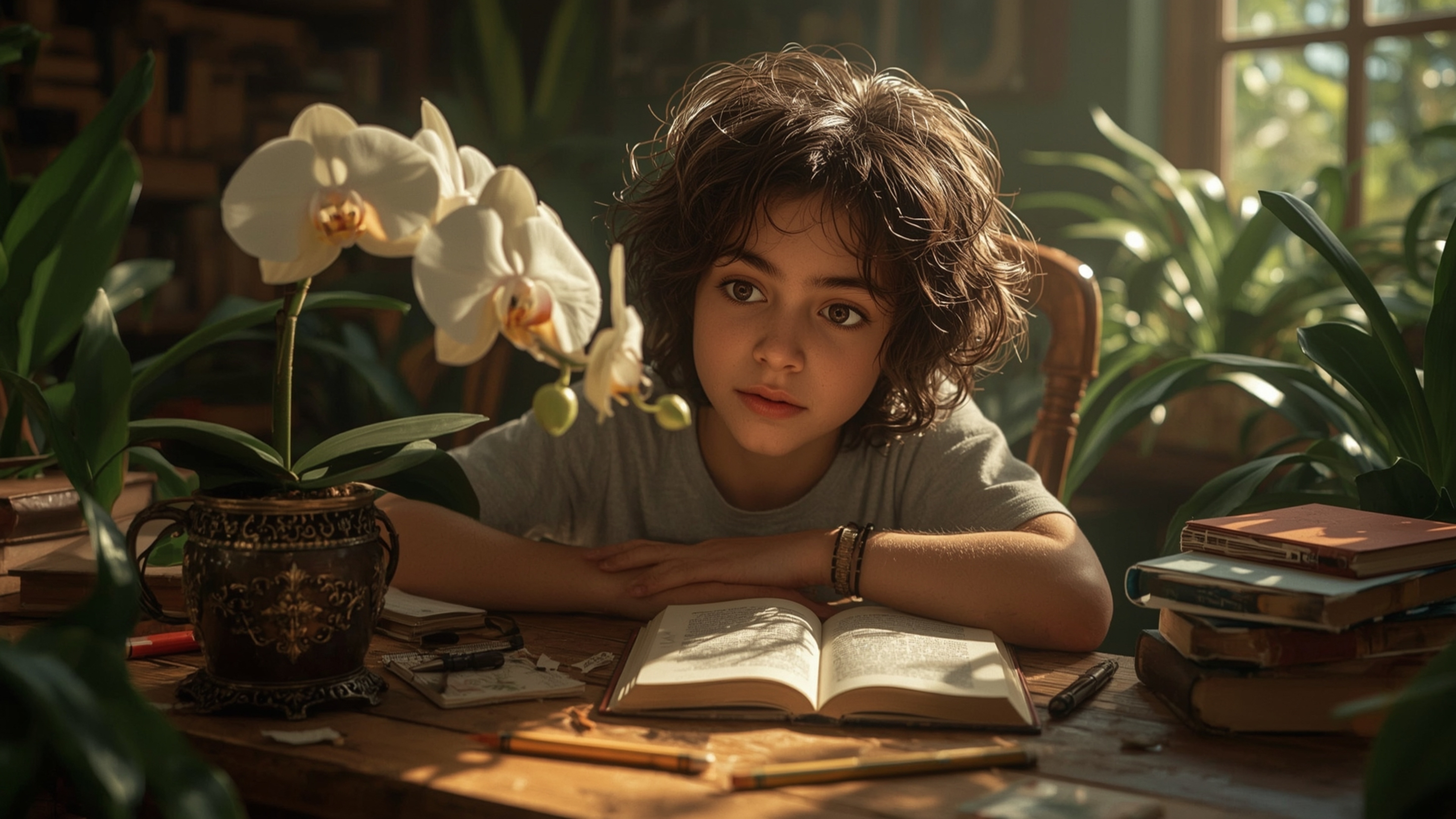 In a highly detailed cinematic photograph with a whimsical Pixar-like style, a bright-eyed homeschooled genius with curly bro