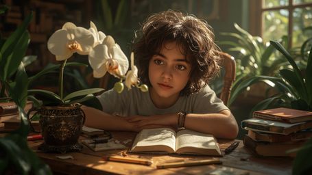 In a highly detailed cinematic photograph with a whimsical Pixar-like style, a bright-eyed homeschooled genius with curly bro