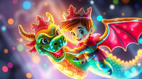 A creative light art piece showcasing an adorable prince with cute features in a battle against a dragon, rendered in a capti