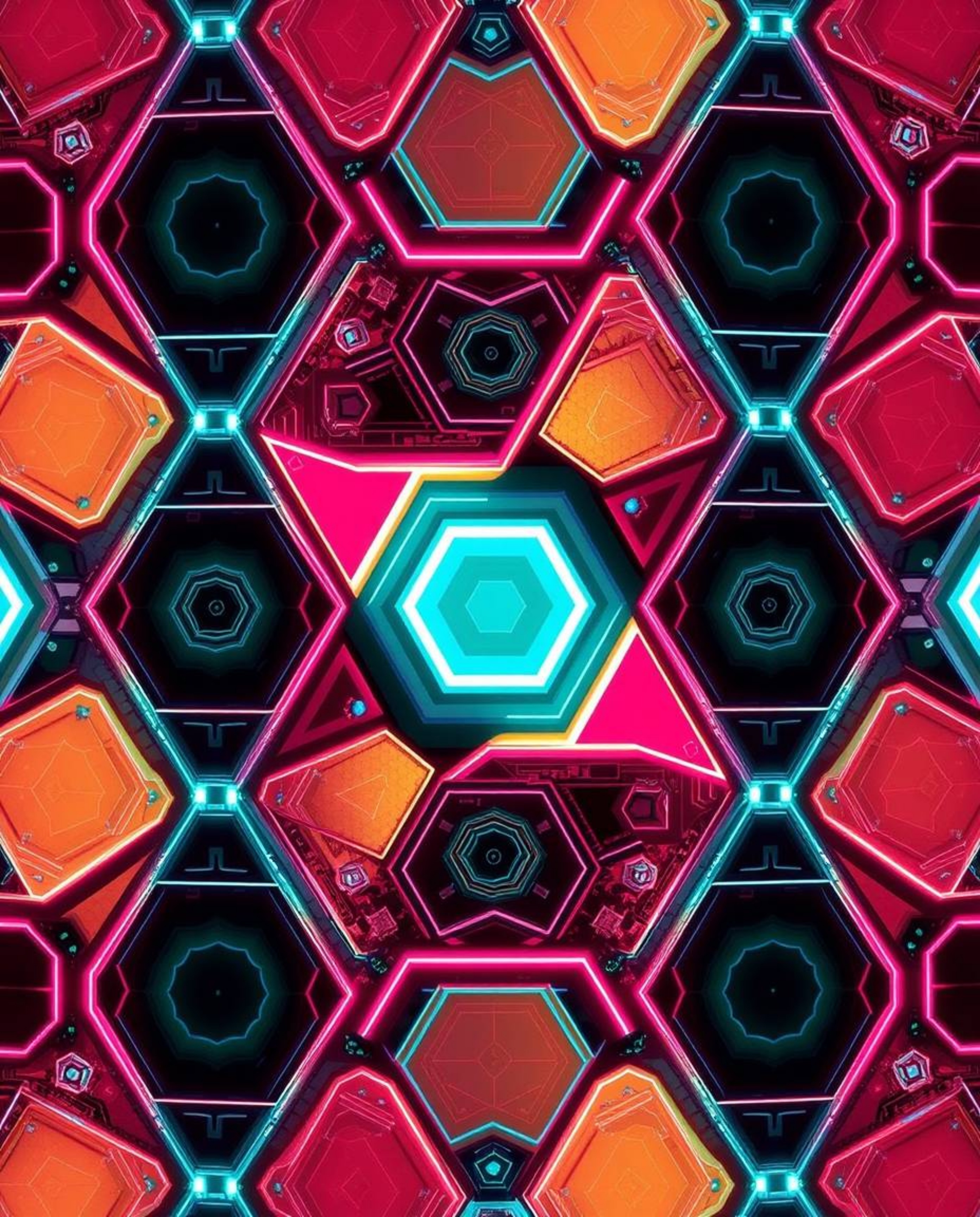 A futuristic, seamless geometric pattern featuring hexagons and triangles in a vibrant neon color palette.  This bird's-eye v