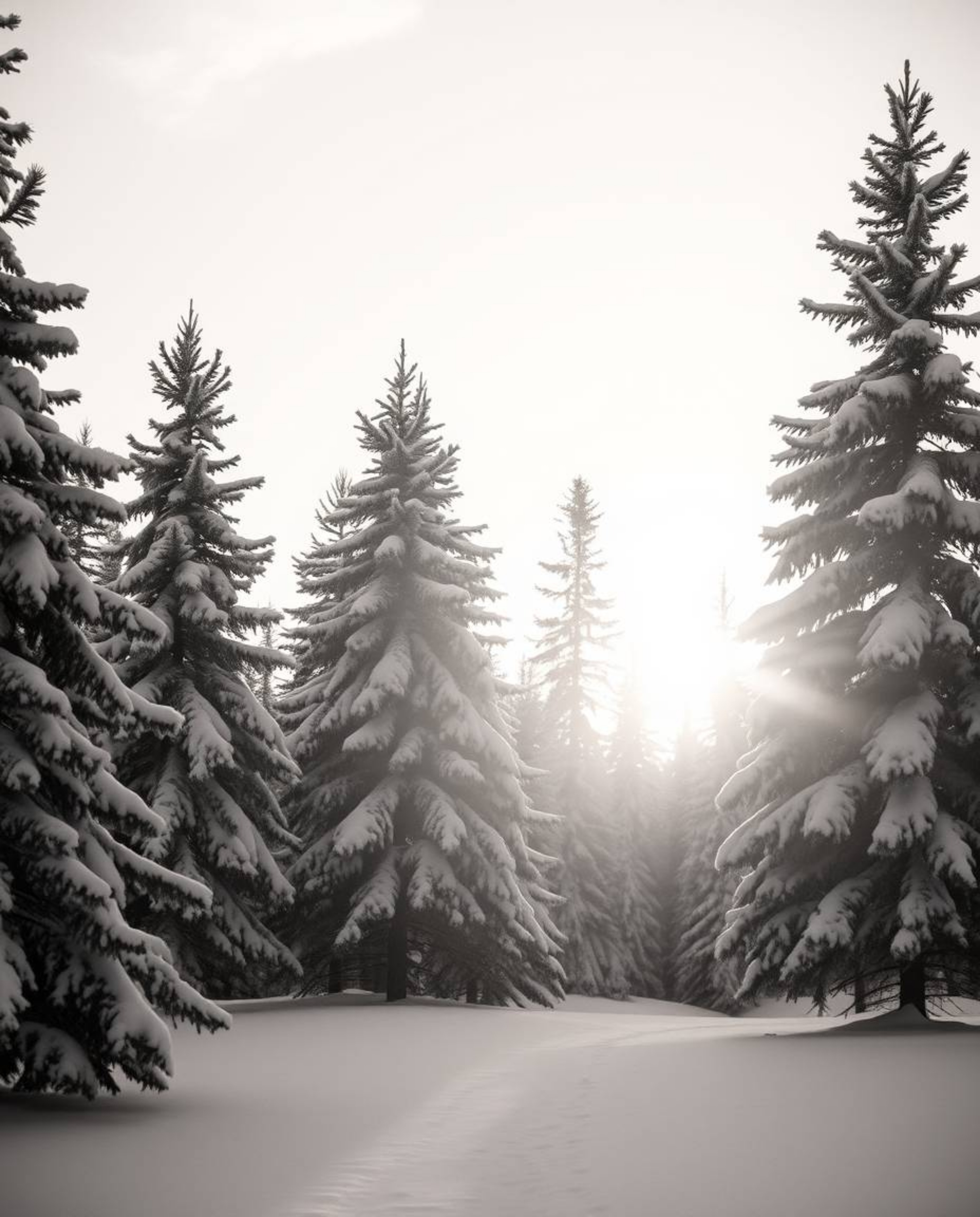 A classic black and white fine art photograph captures sunset light sparkling on snowy pine trees. Presented in a warm, soft,