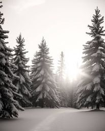 A classic black and white fine art photograph captures sunset light sparkling on snowy pine trees. Presented in a warm, soft,