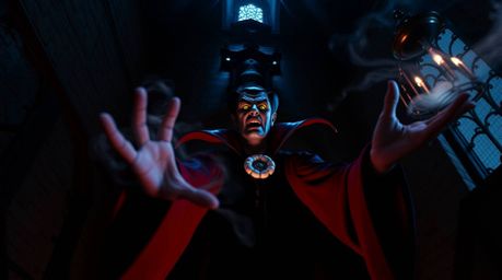 This stunning image captures a classic Disney villain in a low angle perspective, casting a powerful spell within the depths 