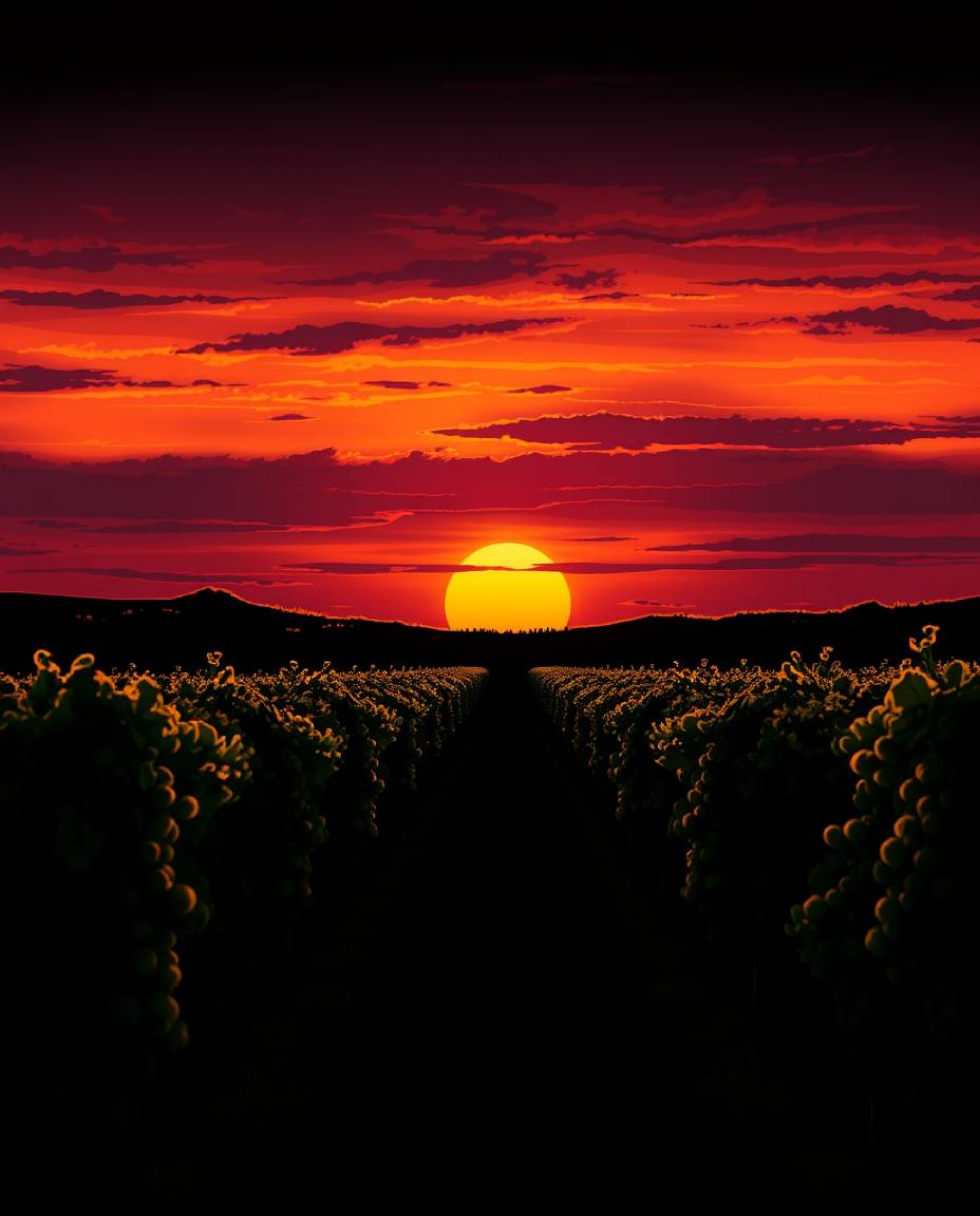 This striking illustration captures a sunset over a vineyard, defined by its dramatic use of chiaroscuro lighting. The strong