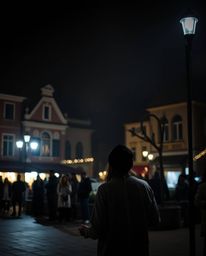 Capture the essence of a vibrant town square bursting with musical energy, depicted through a moody photographic style.  This
