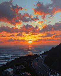 This piece, in a classic oil painting style, captures a sunset sky over a winding coastal highway using high contrast and low