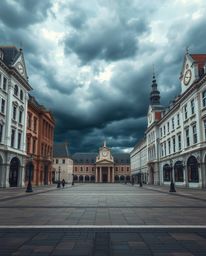 A graceful and elegant depiction of an empty town square, accentuated by ticking clocks beneath stormy skies, evokes a sense 