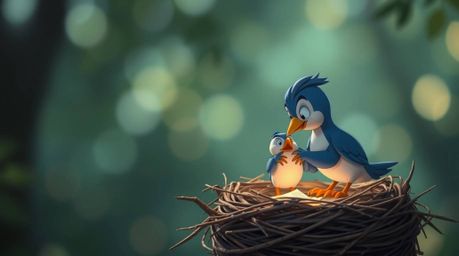Two cartoon birds are diligently building a nest in a charming classic animation style. The background features a beautifully