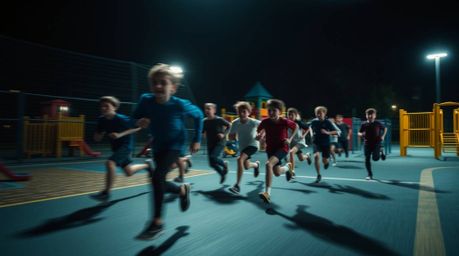 Experience the intensity of a dramatic slow-motion run through a playground, captured with intense lighting and dynamic motio