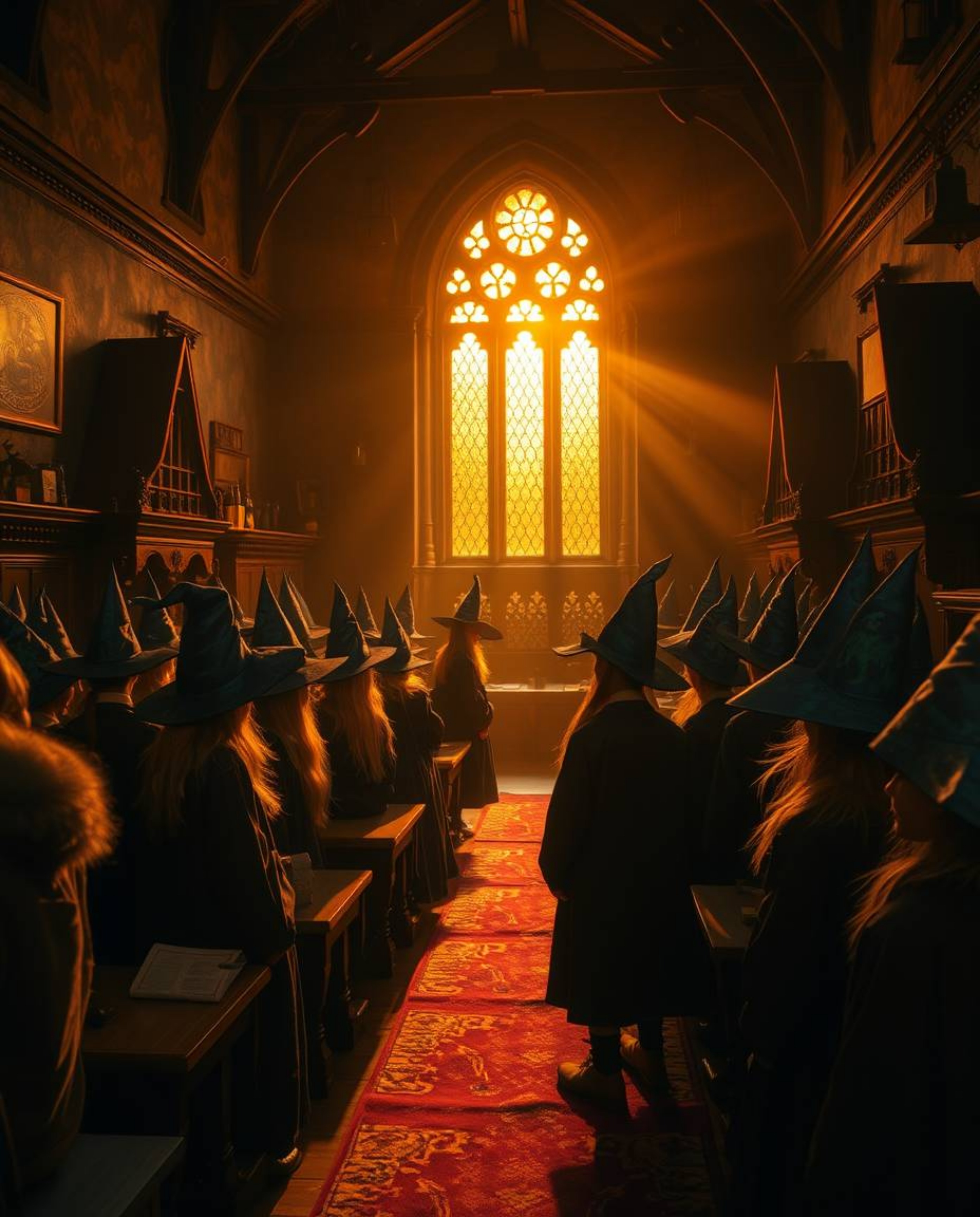 Immerse yourself in a magical school teeming with young wizards, bathed in the warm, inviting glow of autumnal bronze hues un