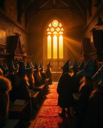 Immerse yourself in a magical school teeming with young wizards, bathed in the warm, inviting glow of autumnal bronze hues un