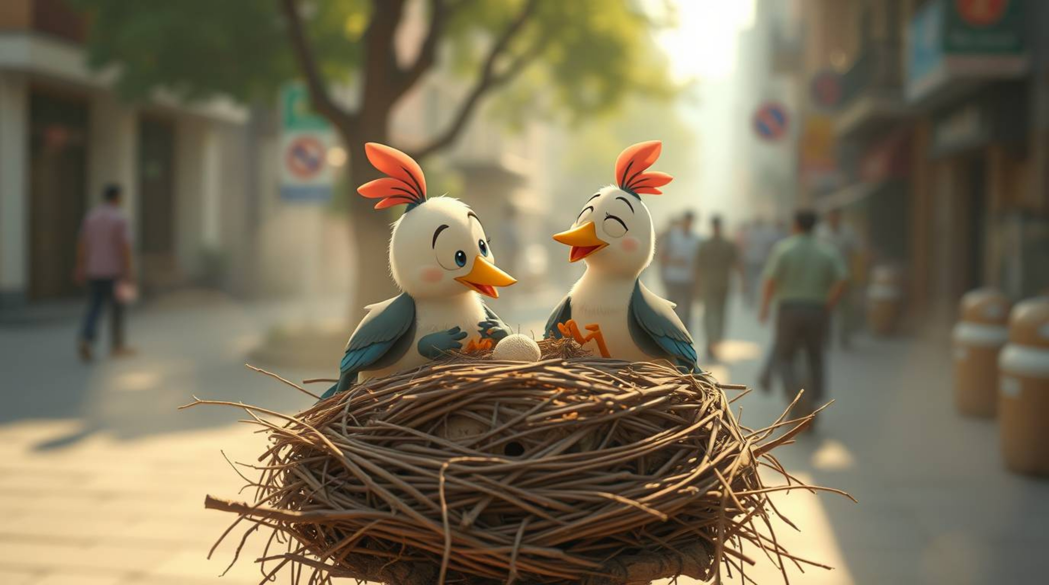 Capture the spontaneous charm of candid street photography with this image featuring two cartoon birds building a nest.  Rend