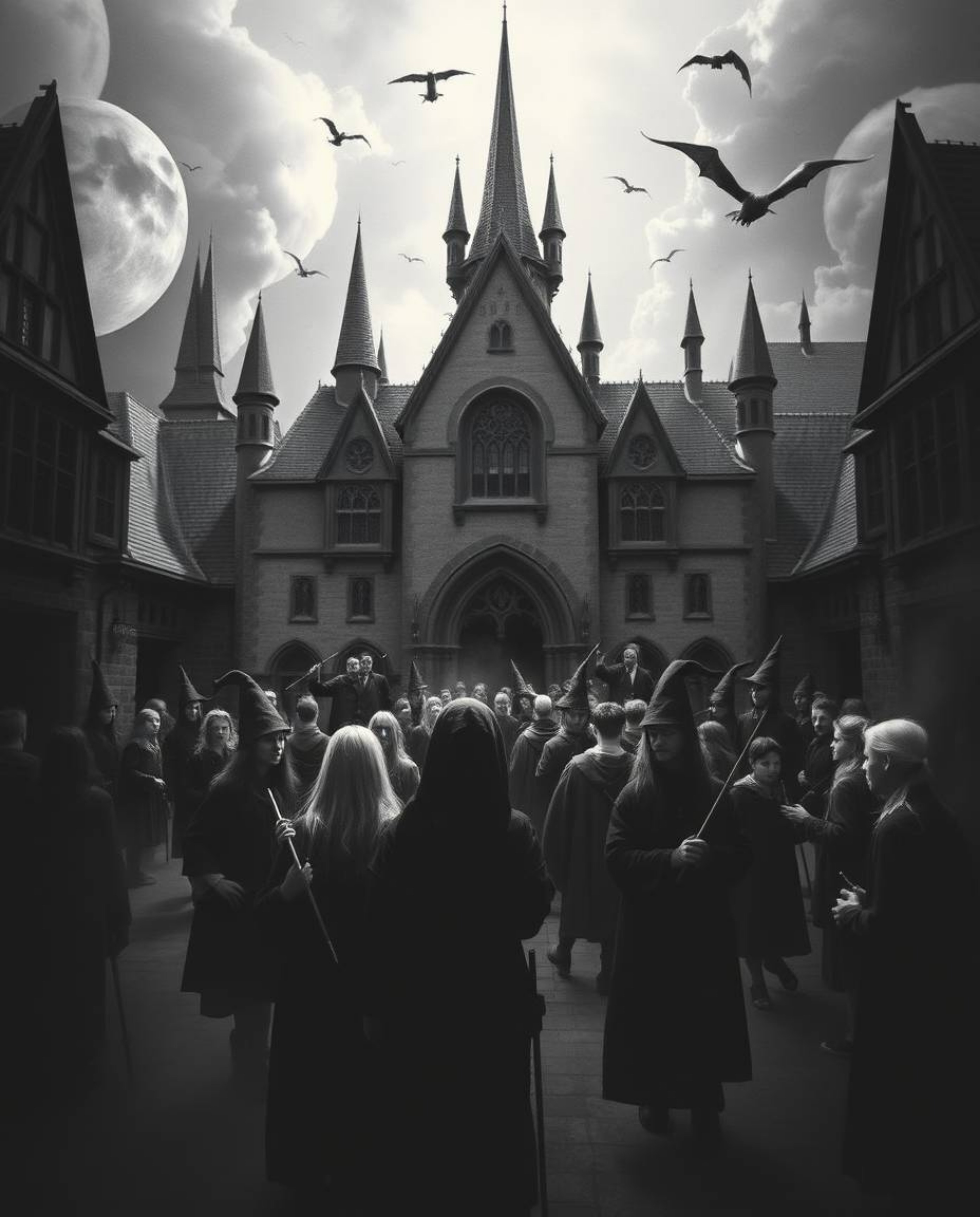 Explore a magical school teeming with young wizards, rendered in dreamlike surreal imagery with intense jet black hues and de