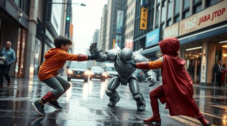 A dramatic and candid street photography shot captures the chaotic energy of a trio of superpowered kids battling a formidabl