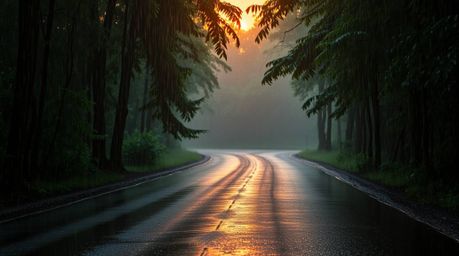 A captivating image depicting a wet, rainy scene in a dense forest at sunset.  The vibrant complementary colors create a bala