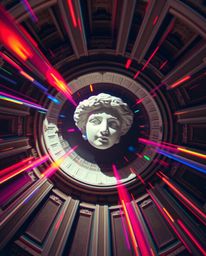 This artwork presents a unique overhead, bird's-eye view of a classical sculpture, dramatically enhanced with a colorful glit