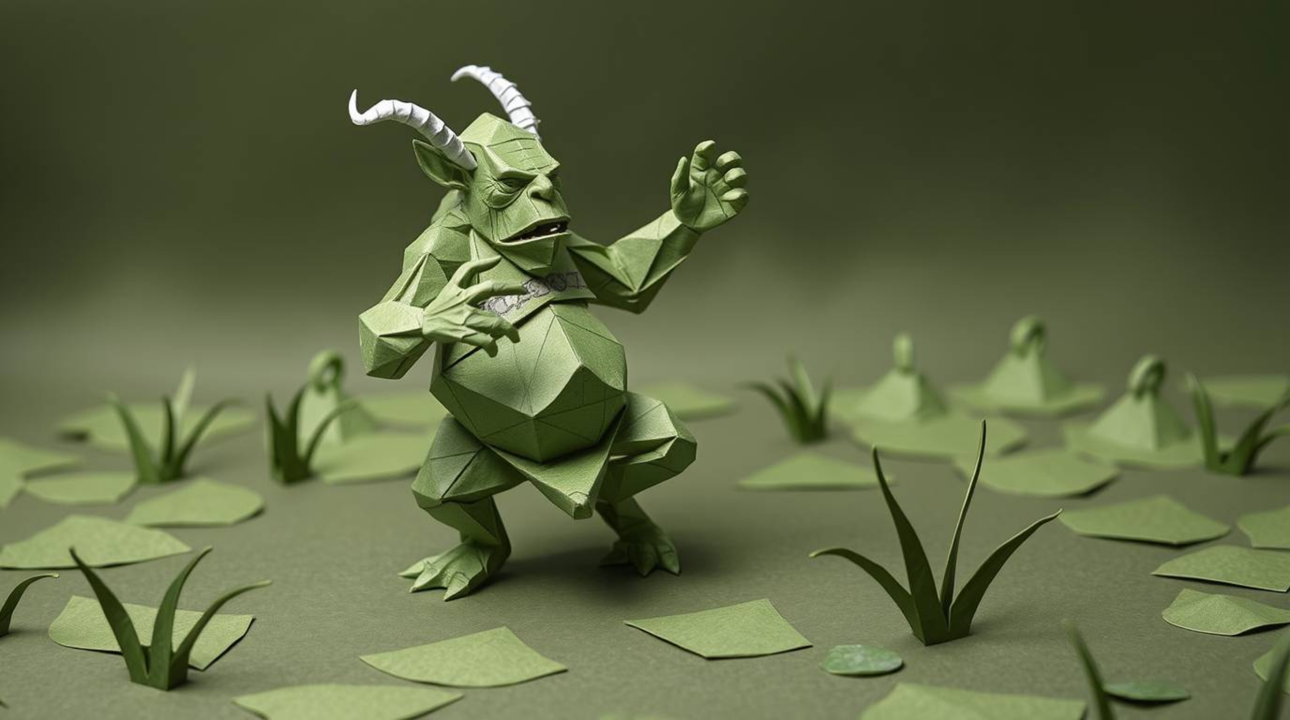 A whimsical depiction of an ogre dancing in a swamp, rendered in an intricate origami style. The artwork showcases geometric 