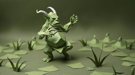 A whimsical depiction of an ogre dancing in a swamp, rendered in an intricate origami style. The artwork showcases geometric 