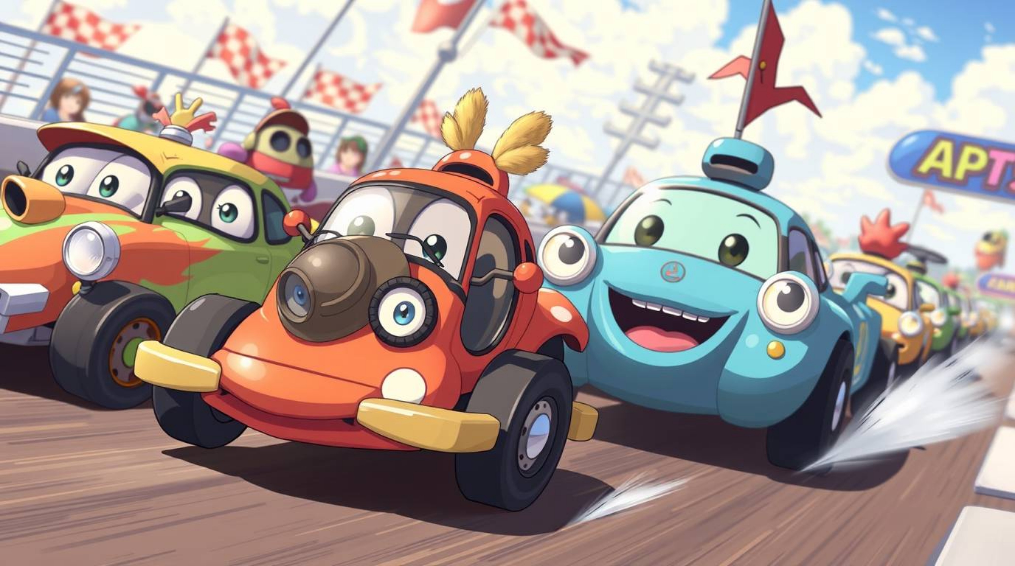 Experience the thrill of Isekai with this adorable and cute anime-style depiction of a wacky racing scene. Featuring expressi
