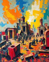 Explore a dynamic and vibrant world captured in bold acrylic painting, depicting a battlefield of time-warped soldiers amidst