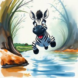 A delicate watercolor painting depicts a 3D cartoon zebra with expressive eyes and a friendly smile leaping from a riverbank.