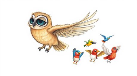 A heartwarming hand-drawn sketch in the style of Pixar, depicting a gentle, brown blind owl leading a diverse classroom of vi