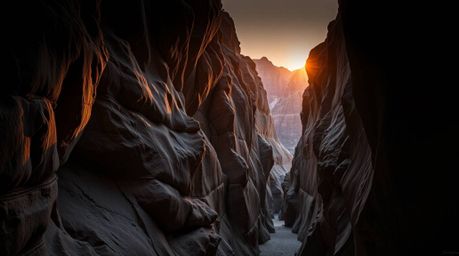 A breathtaking rocky canyon scene bathed in the warm and contrasting light of sunset.  Refined features are highlighted using