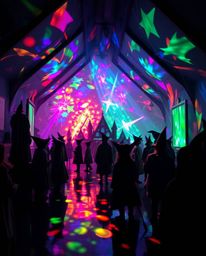 Discover a magical school brimming with young wizards, illuminated by iridescent light art.  Experience mesmerizing abstract 