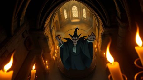 A captivating scene unfolds from a high-angle perspective, showcasing a classic Disney villain immersed in casting a powerful