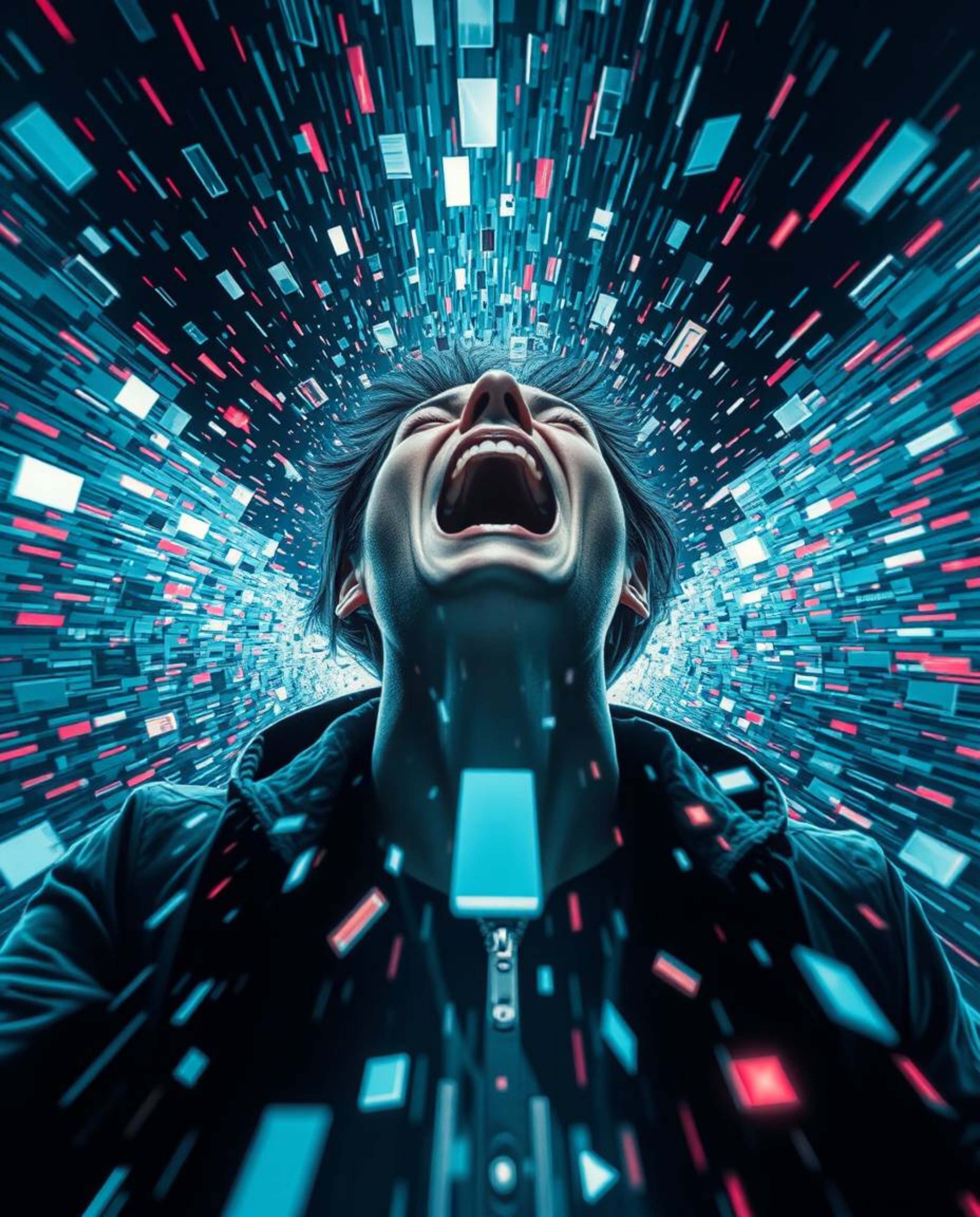 A captivating image depicting a person screaming as their world disintegrates into vibrant pixels. This futuristic sci-fi sce