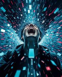 A captivating image depicting a person screaming as their world disintegrates into vibrant pixels. This futuristic sci-fi sce