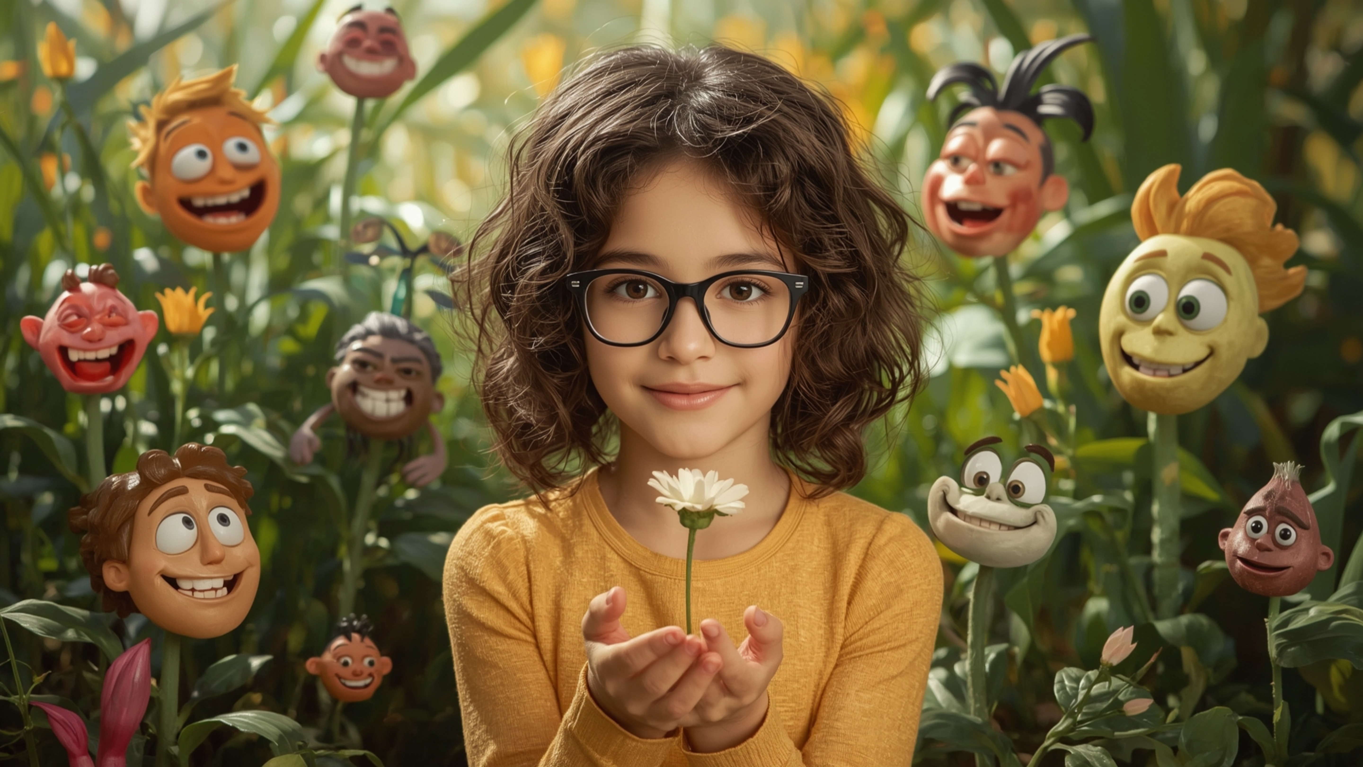 A high-resolution, vibrant, and whimsical stock photo features a brilliant, bespectacled young girl with curly brown hair, in