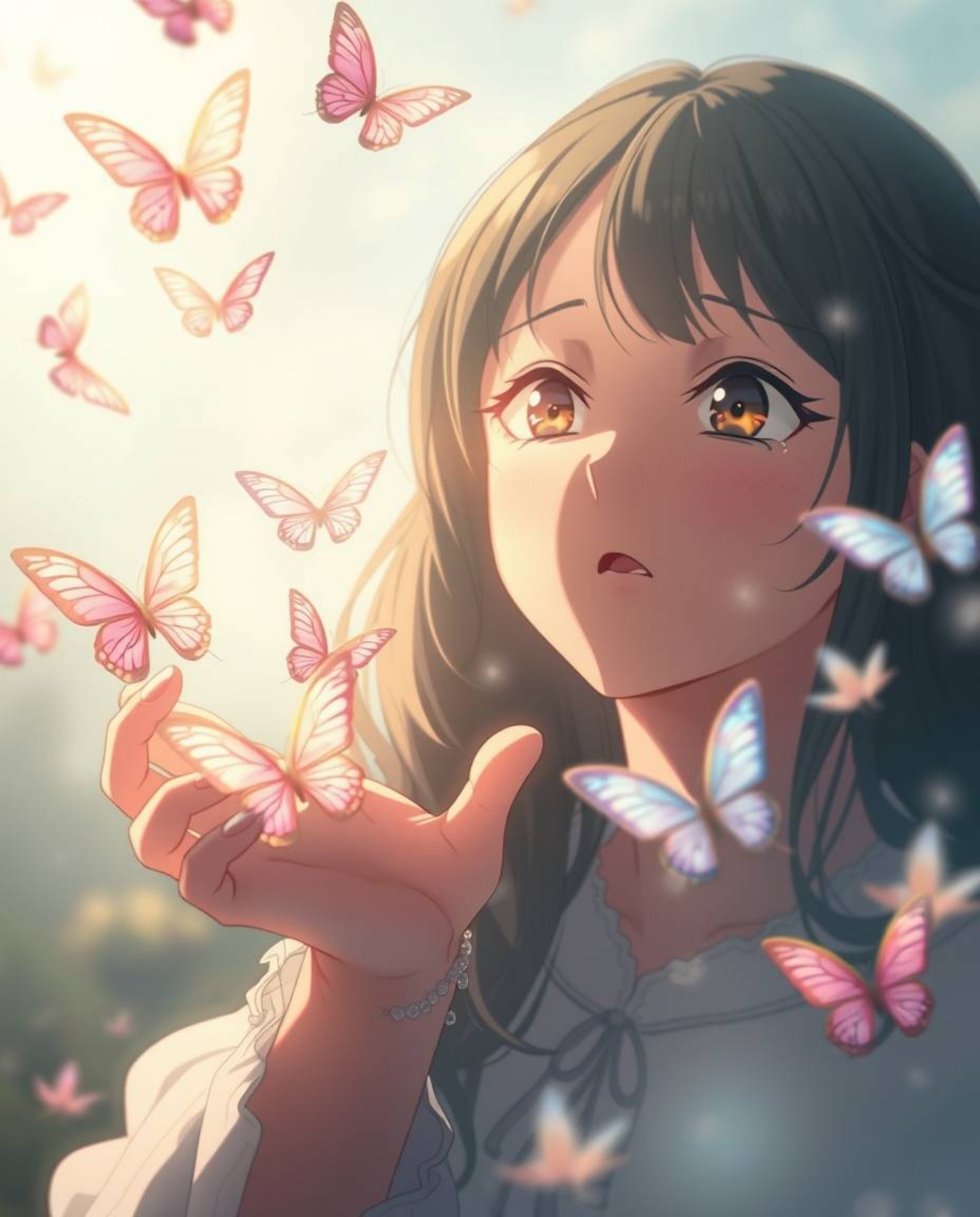 A captivating, cinematic image in the style of Isekai anime, showcasing a girl with expressive features gracefully releasing 
